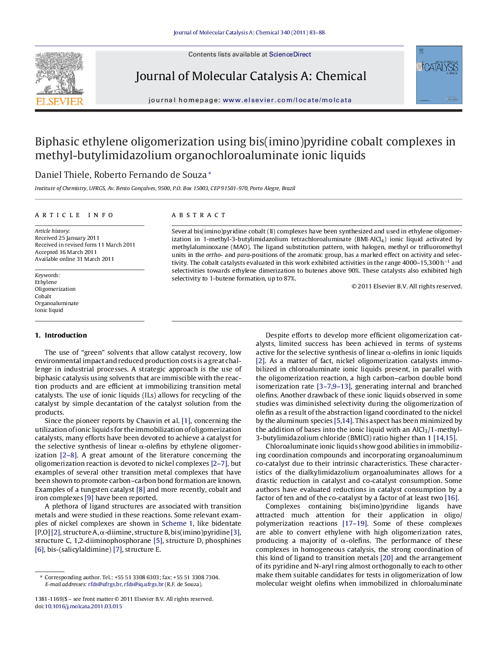 Biphasic ethylene oligomerization using bis(imino)pyridine cobalt complexes in methyl-butylimidazolium organochloroaluminate ionic liquids