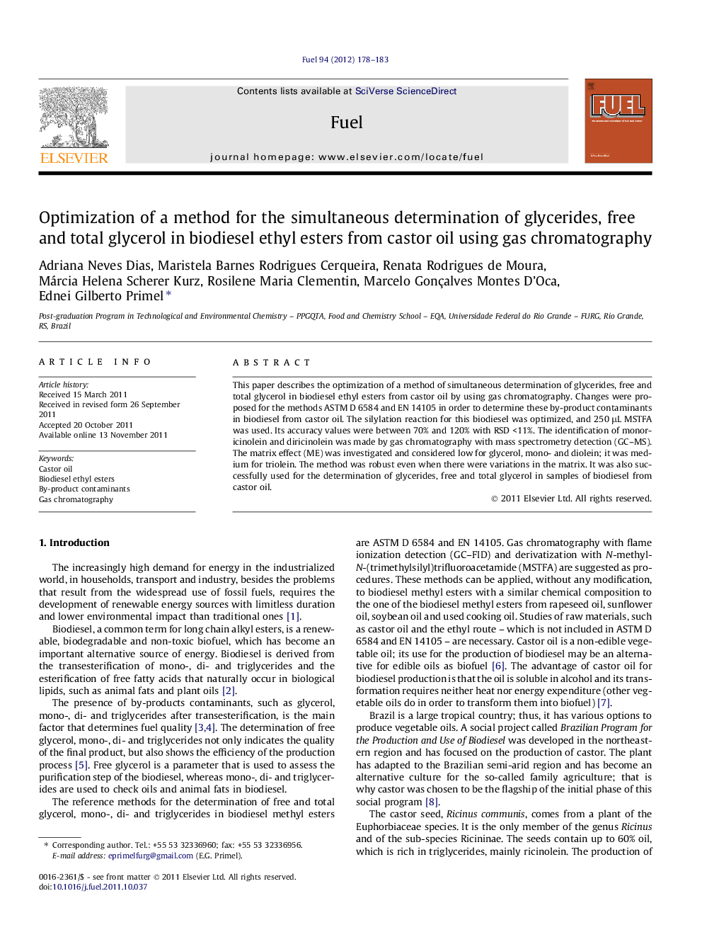 Optimization of a method for the simultaneous determination of glycerides, free and total glycerol in biodiesel ethyl esters from castor oil using gas chromatography