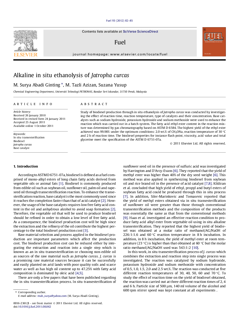 Alkaline in situ ethanolysis of Jatropha curcas