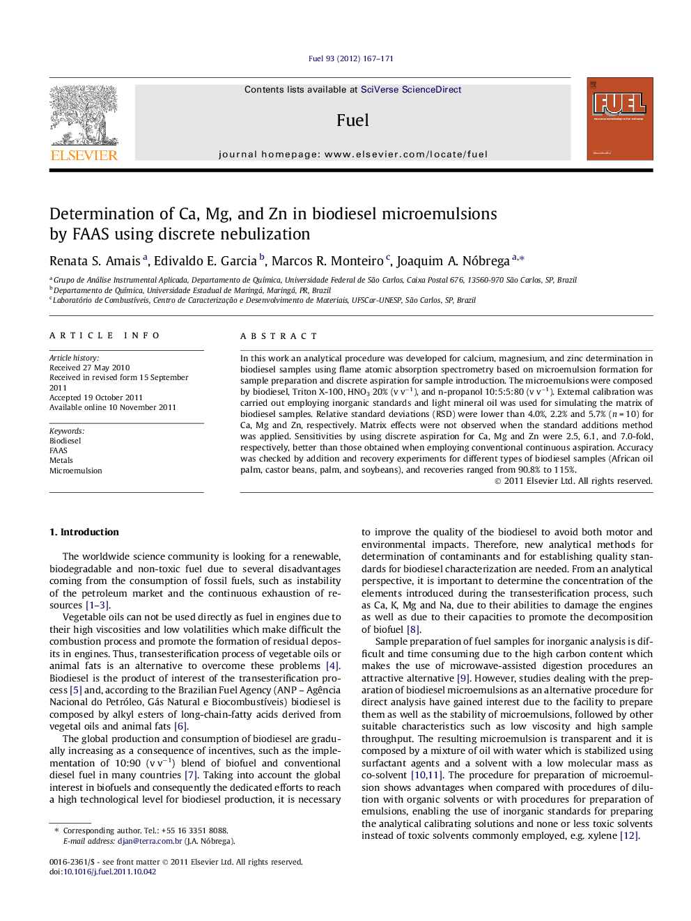 Determination of Ca, Mg, and Zn in biodiesel microemulsions by FAAS using discrete nebulization