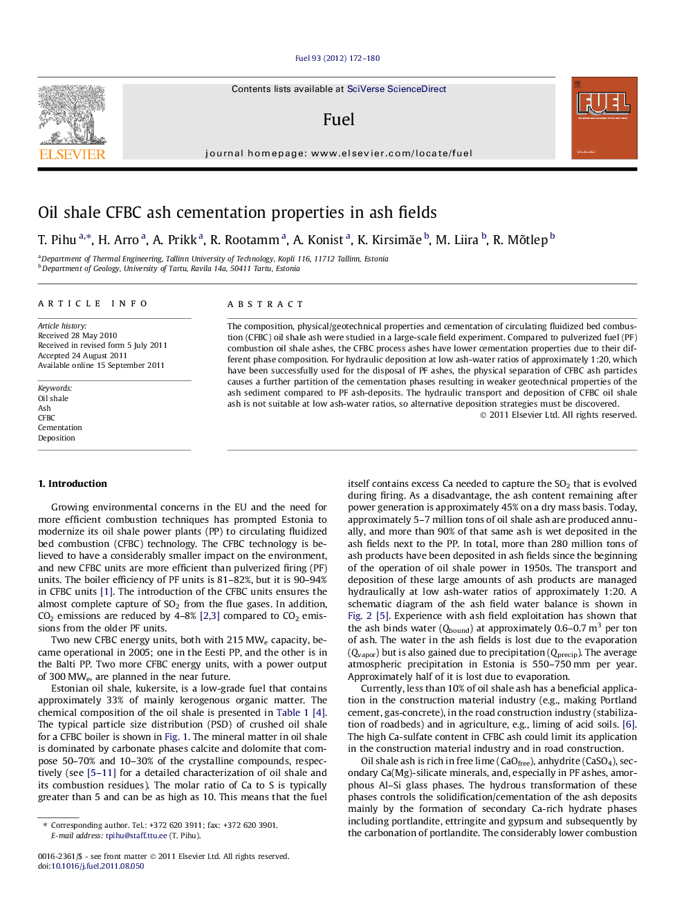 Oil shale CFBC ash cementation properties in ash fields