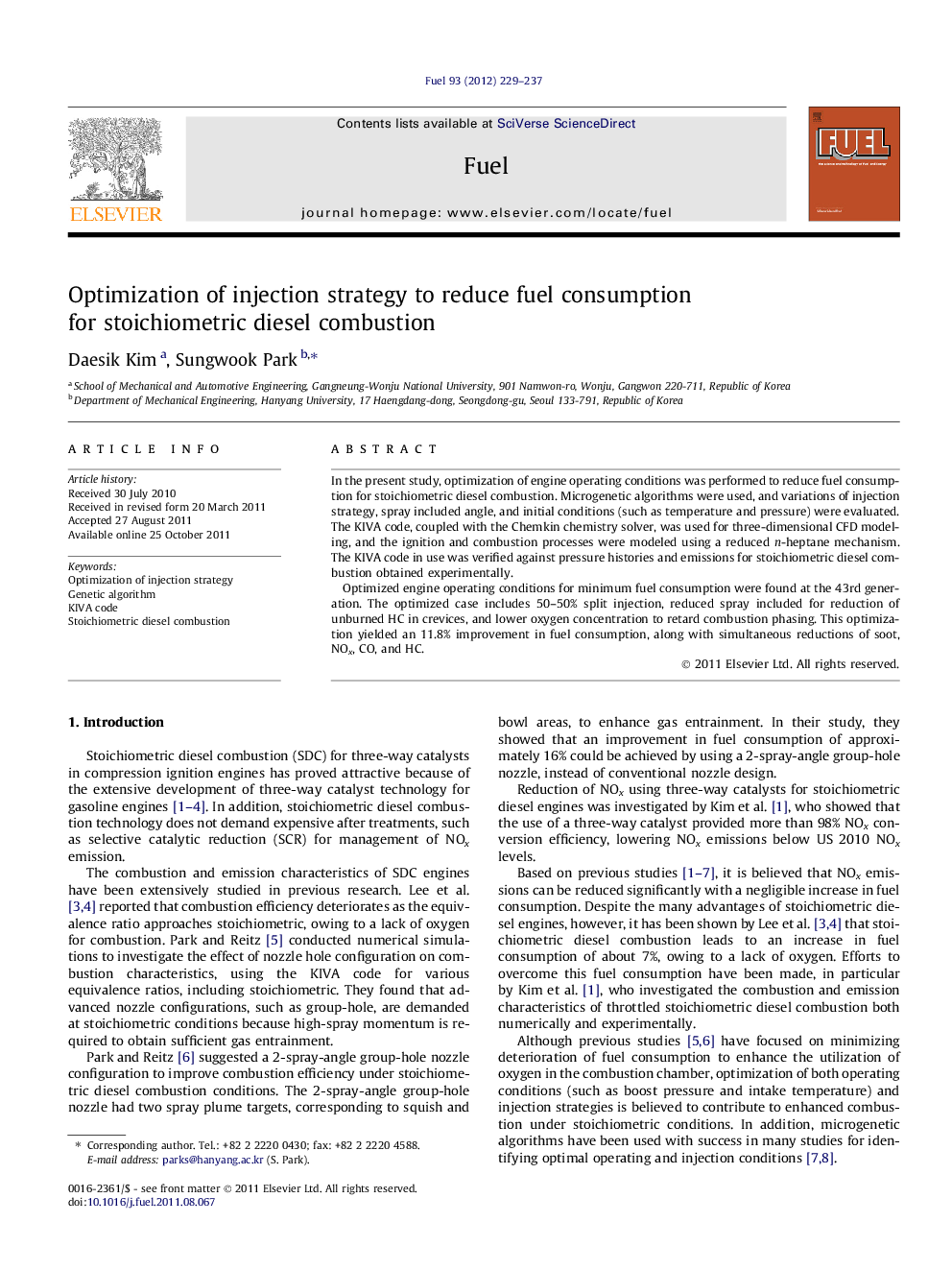 Optimization of injection strategy to reduce fuel consumption for stoichiometric diesel combustion