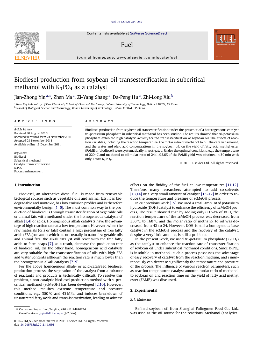 Biodiesel production from soybean oil transesterification in subcritical methanol with K3PO4 as a catalyst