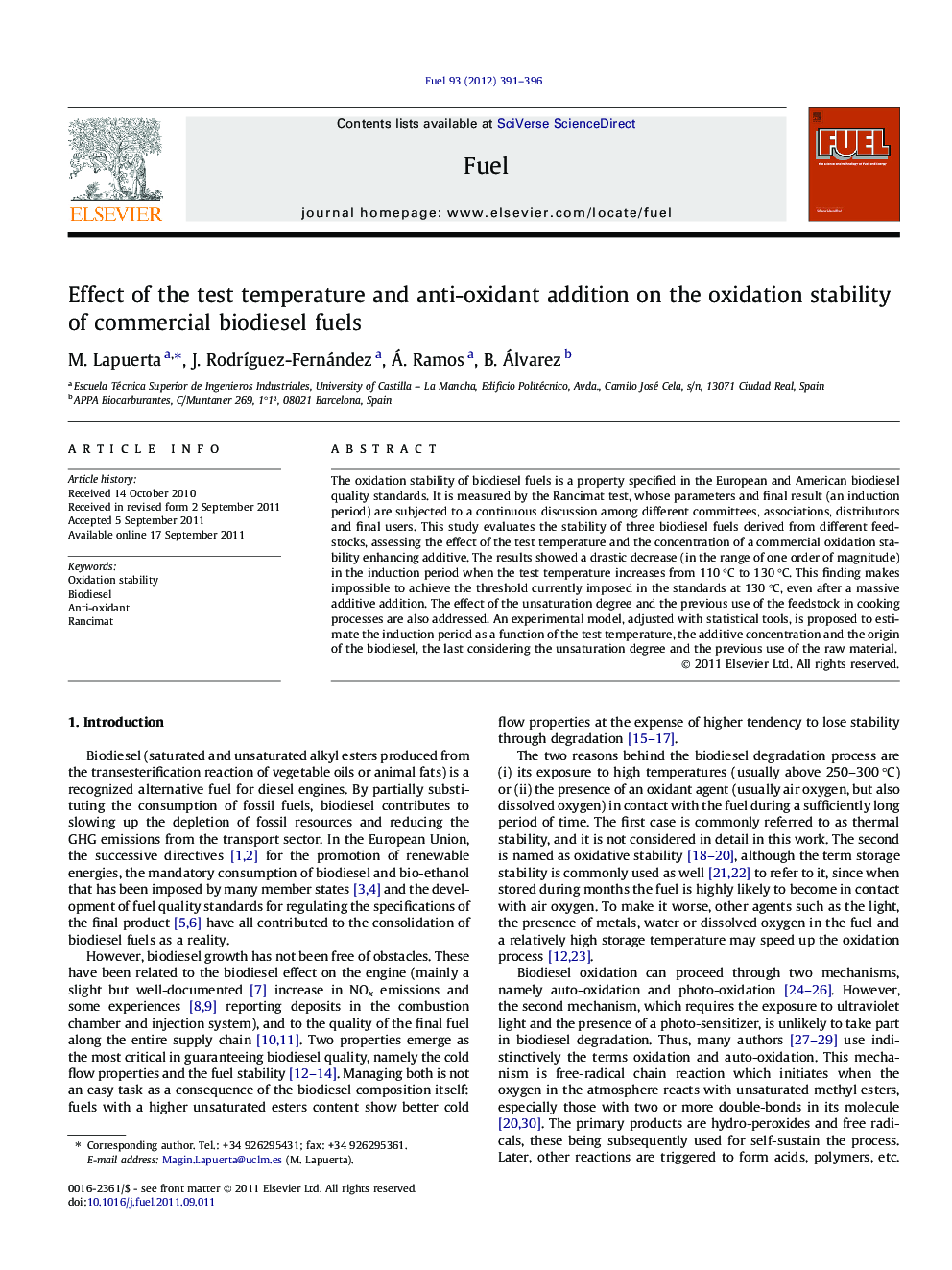 Effect of the test temperature and anti-oxidant addition on the oxidation stability of commercial biodiesel fuels