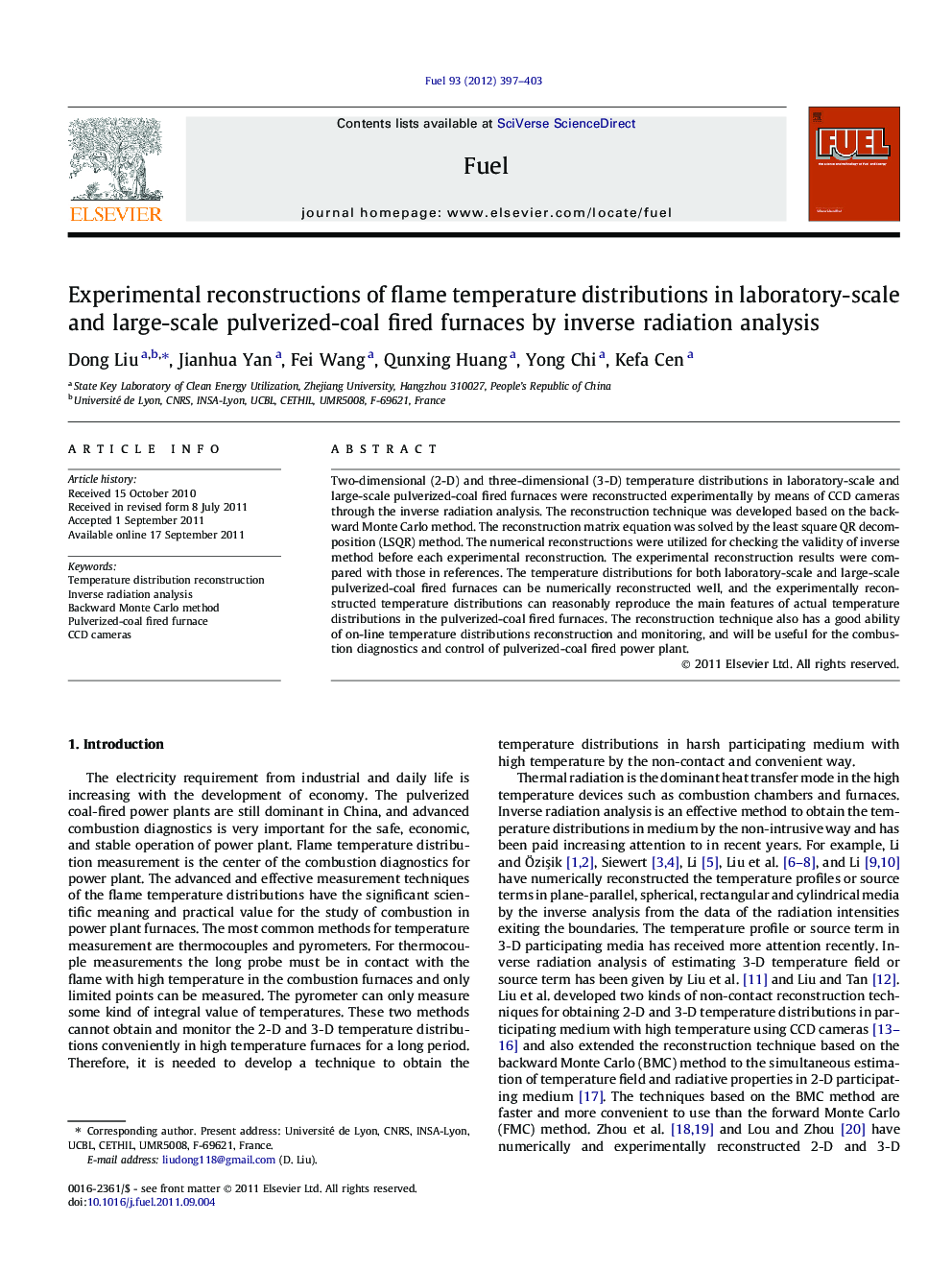 Experimental reconstructions of flame temperature distributions in laboratory-scale and large-scale pulverized-coal fired furnaces by inverse radiation analysis