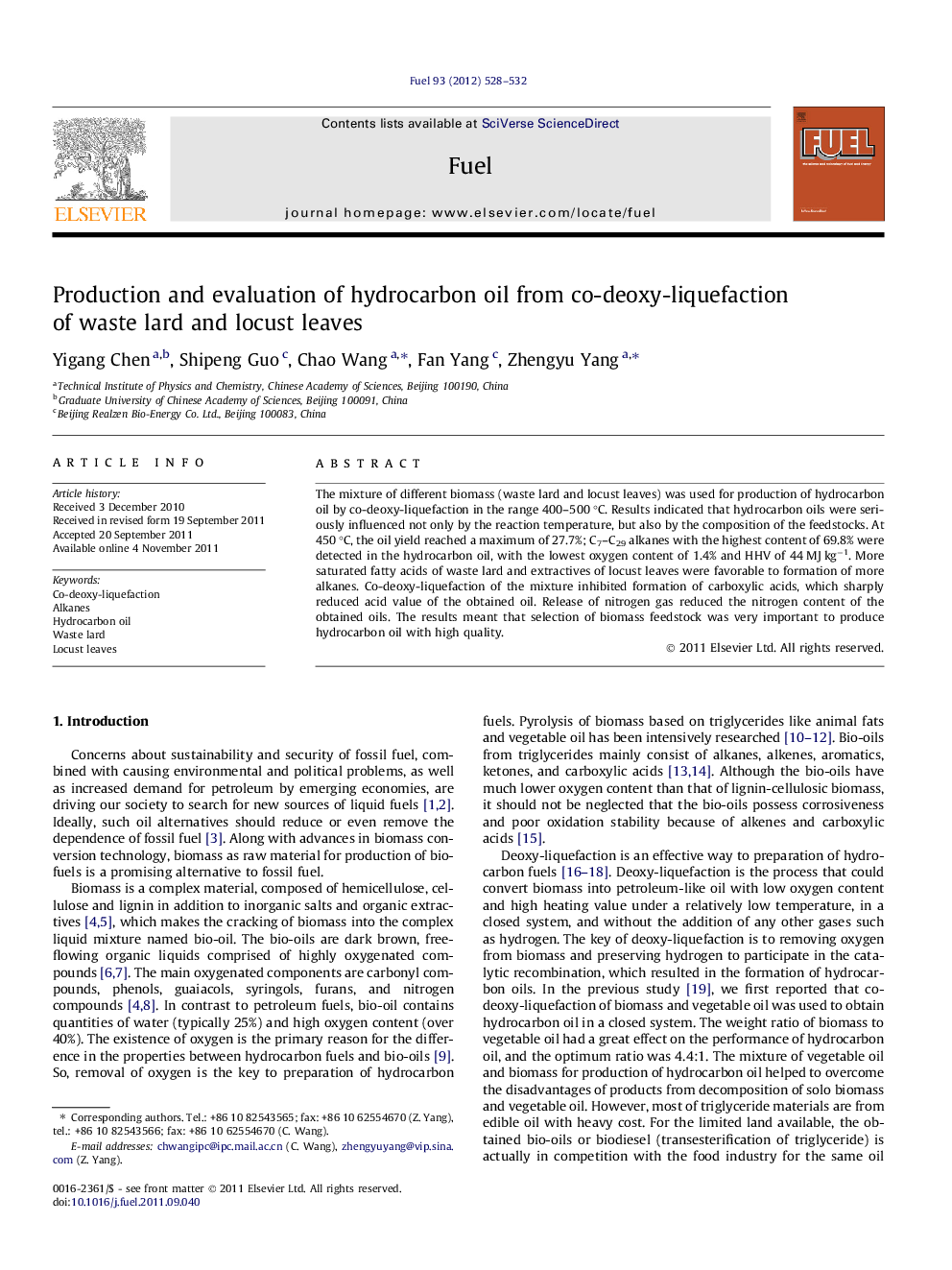 Production and evaluation of hydrocarbon oil from co-deoxy-liquefaction of waste lard and locust leaves