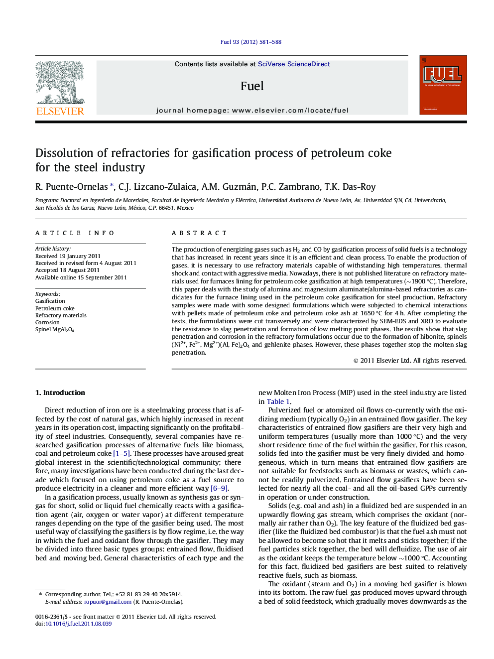 Dissolution of refractories for gasification process of petroleum coke for the steel industry