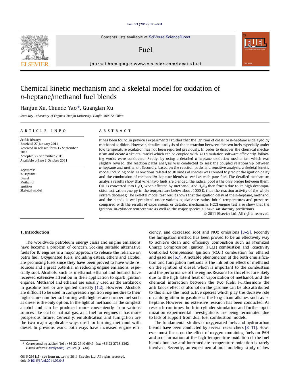 Chemical kinetic mechanism and a skeletal model for oxidation of n-heptane/methanol fuel blends