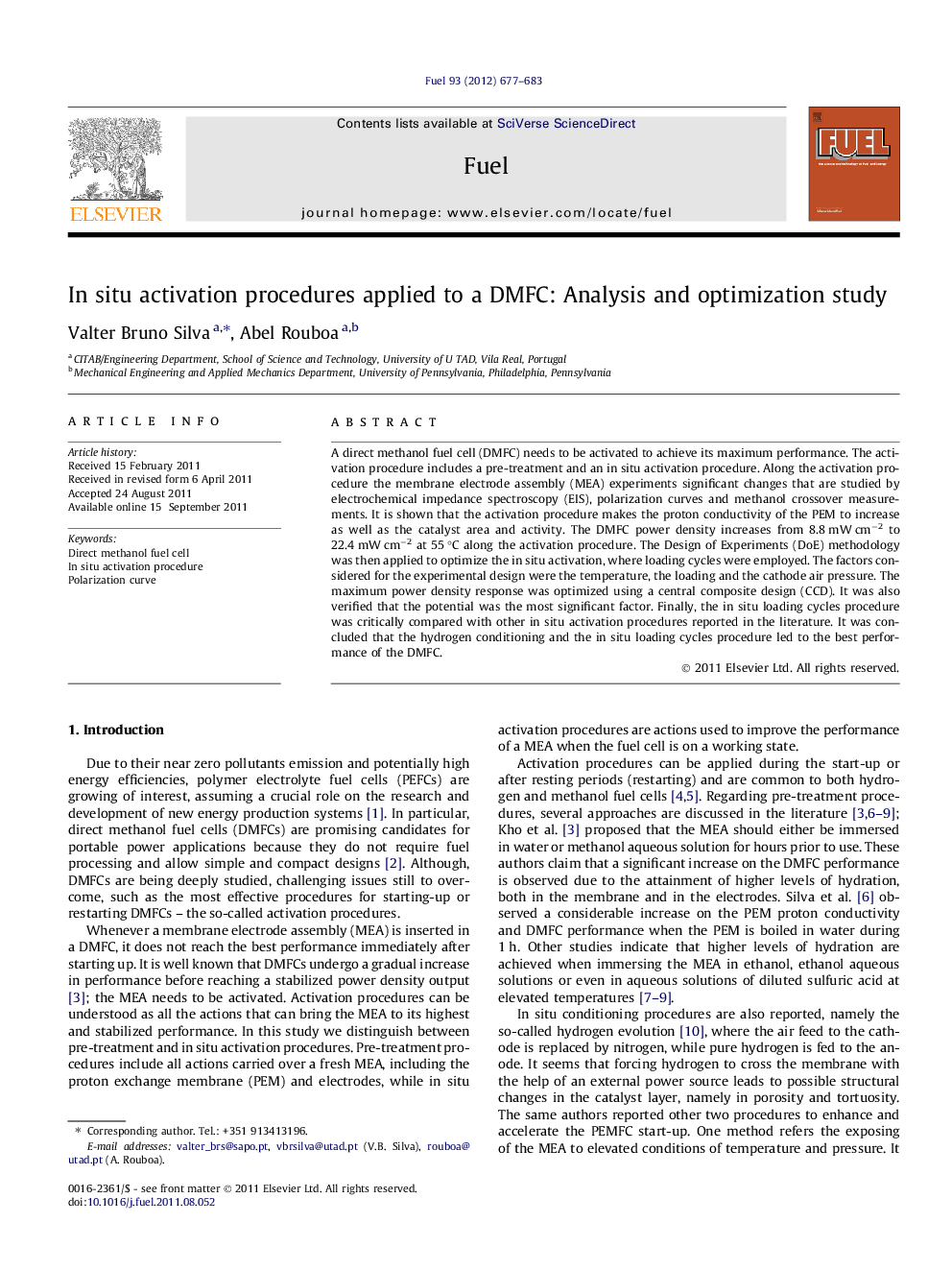 In situ activation procedures applied to a DMFC: Analysis and optimization study