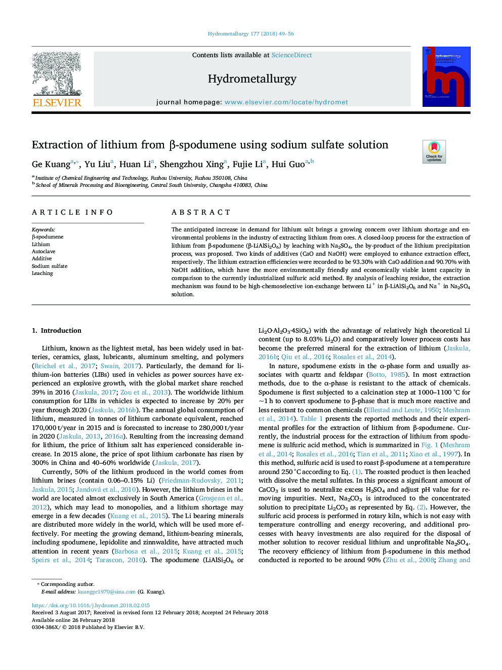 Extraction of lithium from Î²-spodumene using sodium sulfate solution