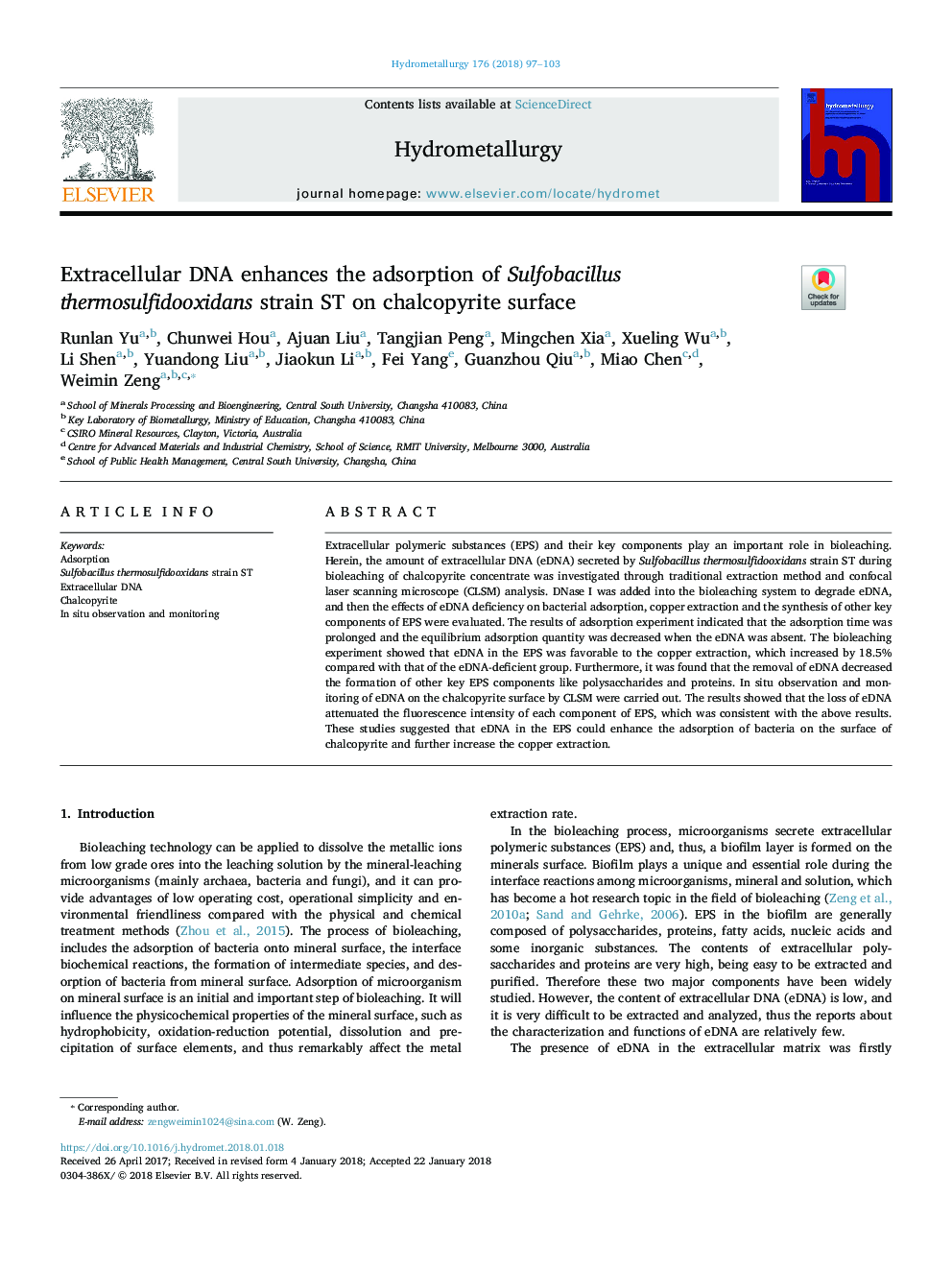 Extracellular DNA enhances the adsorption of Sulfobacillus thermosulfidooxidans strain ST on chalcopyrite surface