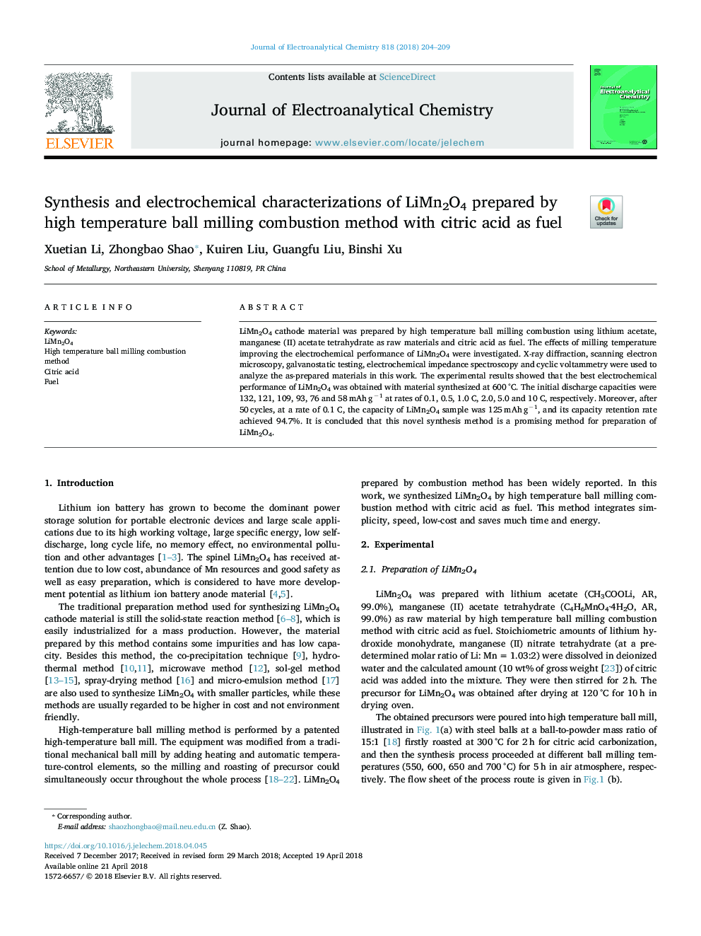 Synthesis and electrochemical characterizations of LiMn2O4 prepared by high temperature ball milling combustion method with citric acid as fuel