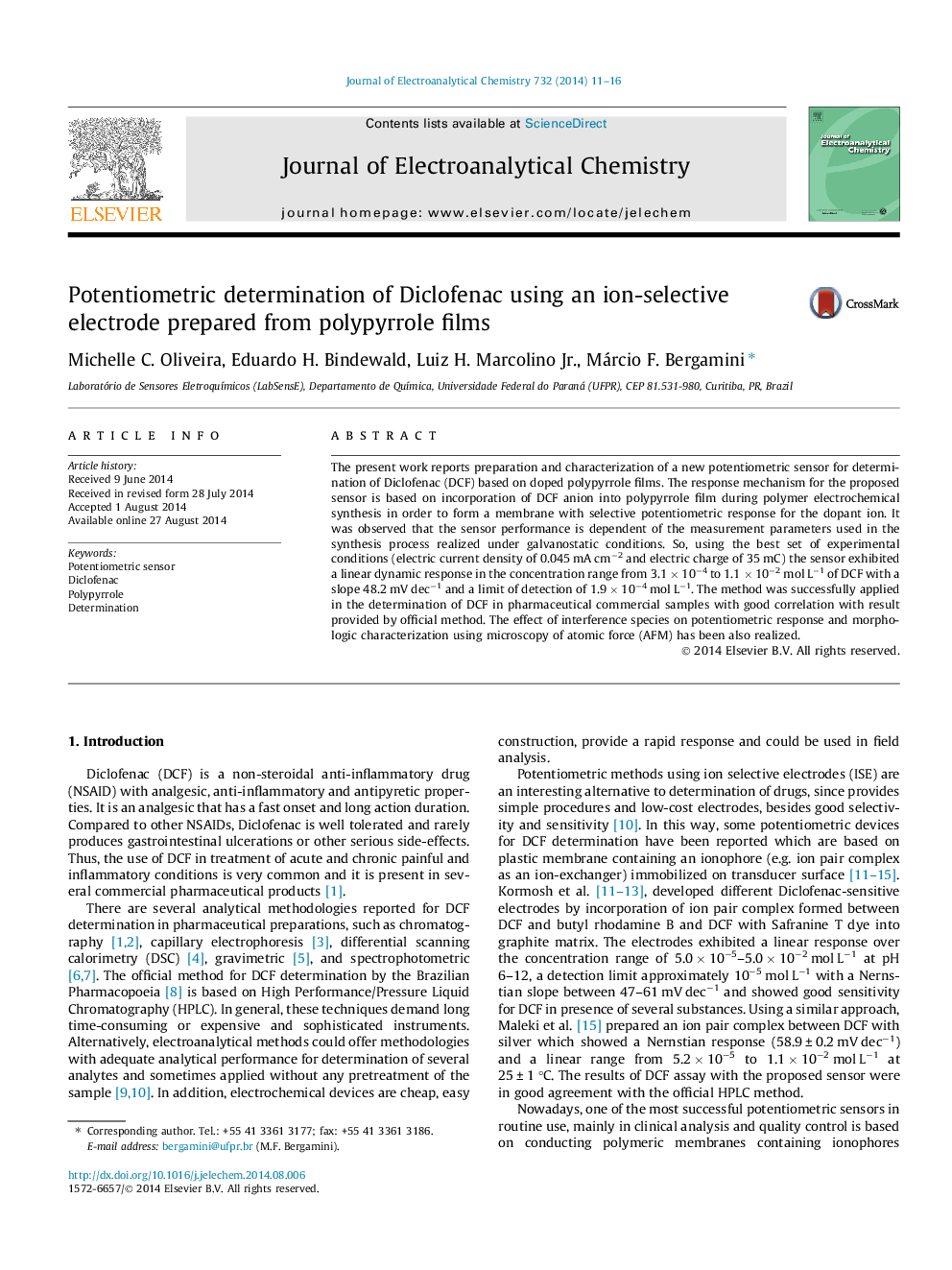 تعیین پتانسیومتری دیکلوفناک با استفاده از یک الکترودهای انتخابی یونی تهیه شده از فیلم های پلی پیلر 