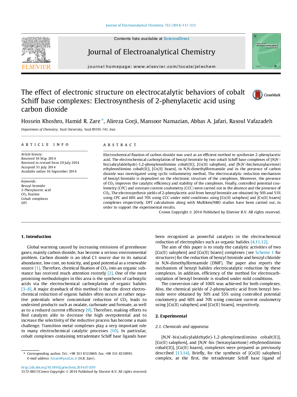 تأثیر ساختار الکترونیکی بر رفتار الکتروکاتالیستی مجتمع های پایه کبالت شیف: الکترو سنتز اسید 2-فنیل اکتین با استفاده از دی اکسید کربن 