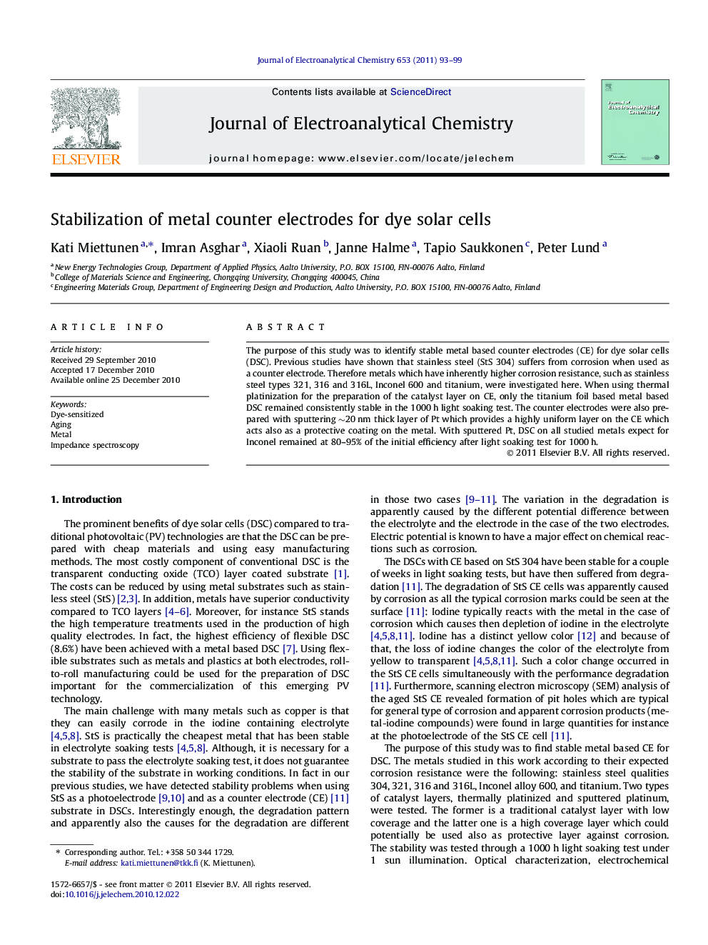 Stabilization of metal counter electrodes for dye solar cells