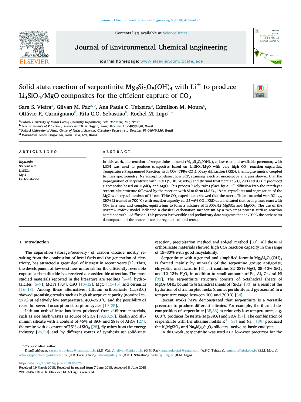 Solid state reaction of serpentinite Mg3Si2O5(OH)4 with Li+ to produce Li4SiO4/MgO composites for the efficient capture of CO2