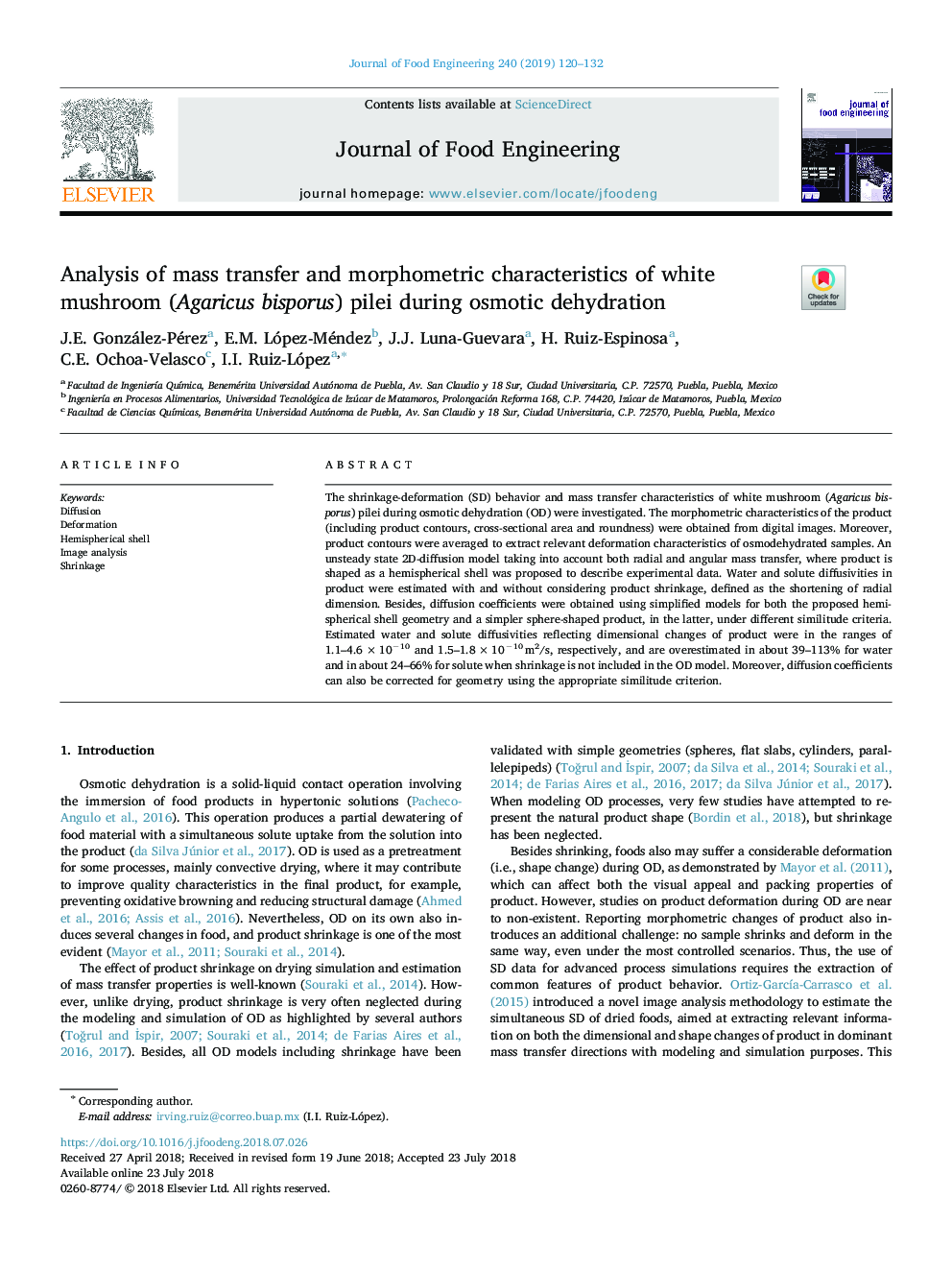 Analysis of mass transfer and morphometric characteristics of white mushroom (Agaricus bisporus) pilei during osmotic dehydration