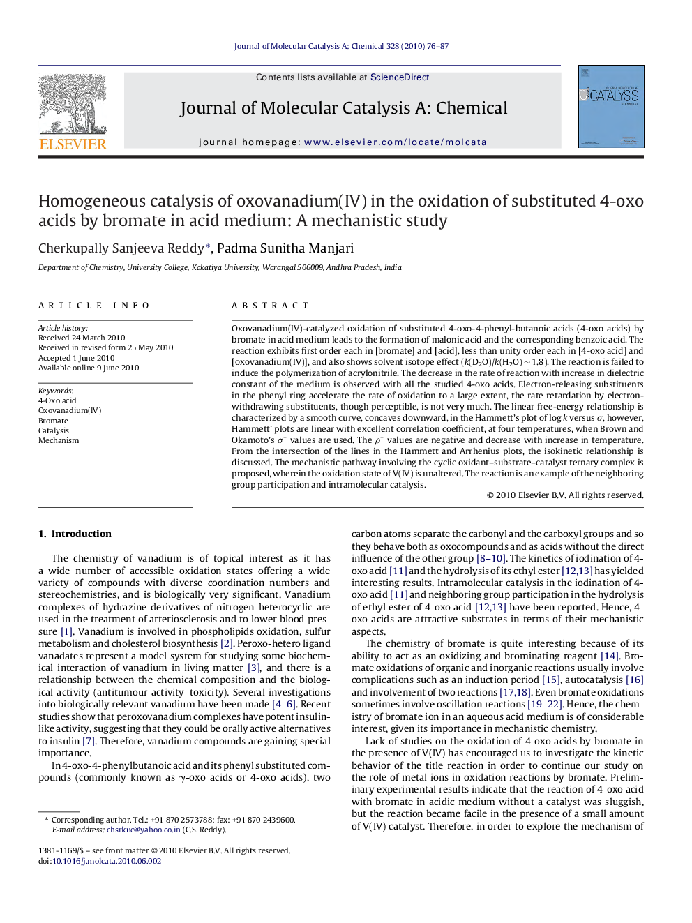 Homogeneous catalysis of oxovanadium(IV) in the oxidation of substituted 4-oxo acids by bromate in acid medium: A mechanistic study