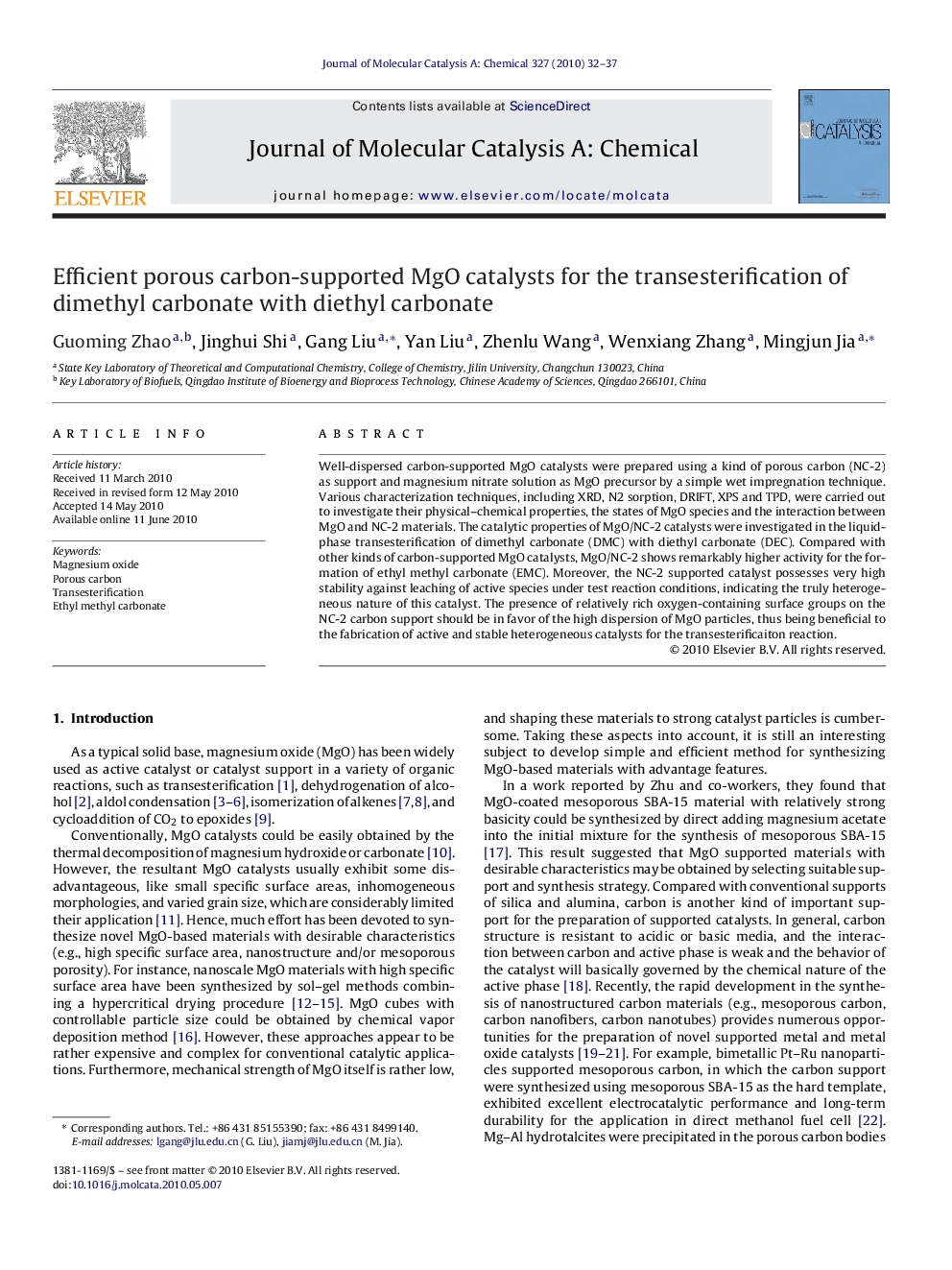 Efficient porous carbon-supported MgO catalysts for the transesterification of dimethyl carbonate with diethyl carbonate