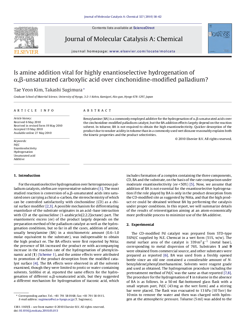 Is amine addition vital for highly enantioselective hydrogenation of α,β-unsaturated carboxylic acid over cinchonidine-modified palladium?