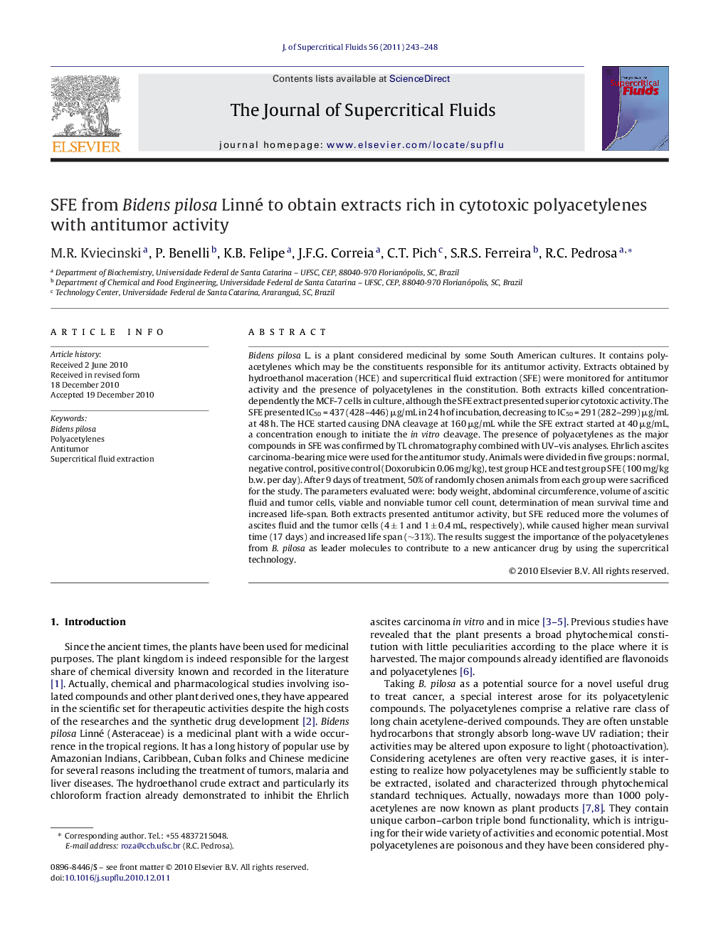 SFE from Bidens pilosa Linné to obtain extracts rich in cytotoxic polyacetylenes with antitumor activity