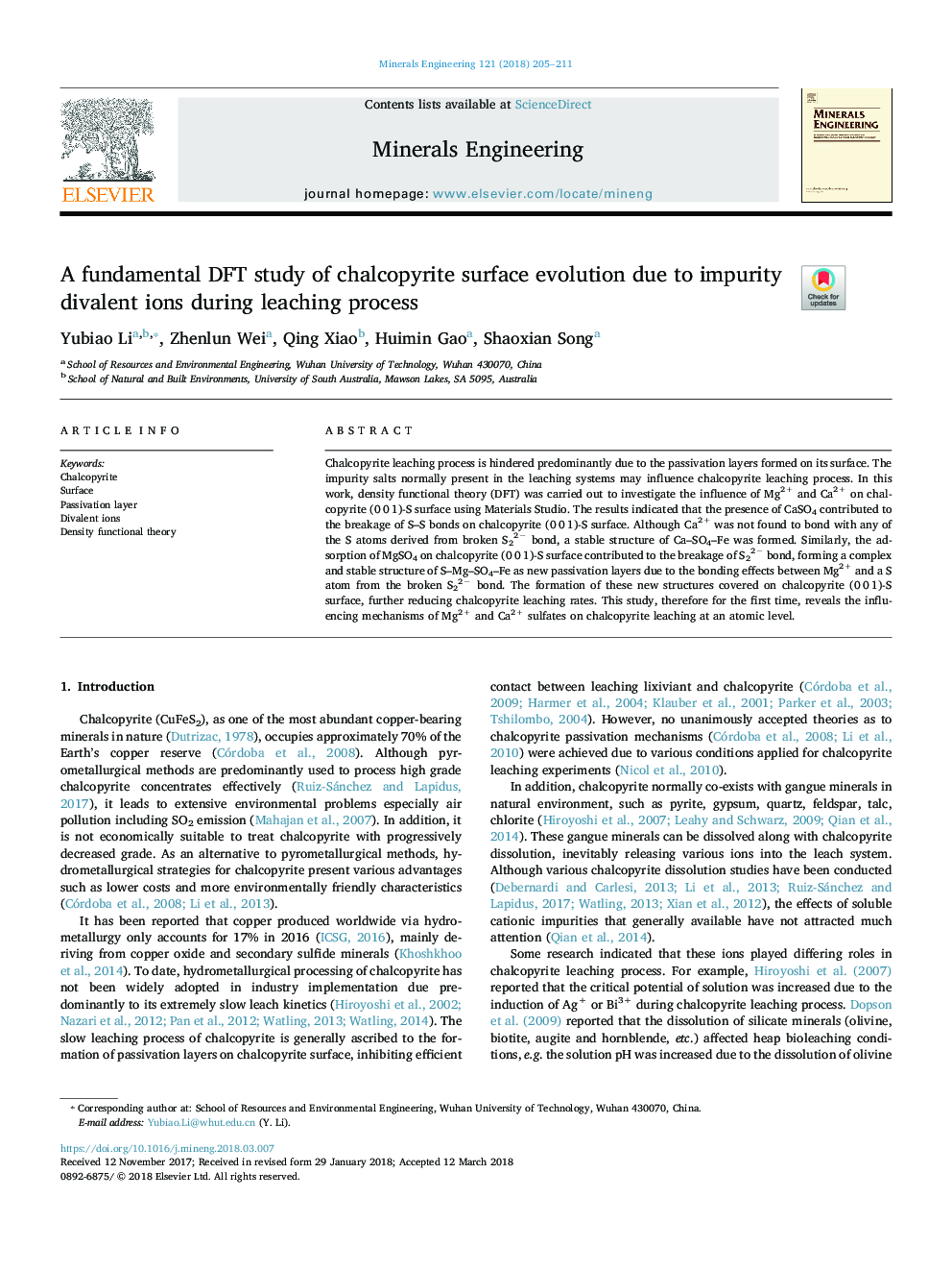 A fundamental DFT study of chalcopyrite surface evolution due to impurity divalent ions during leaching process