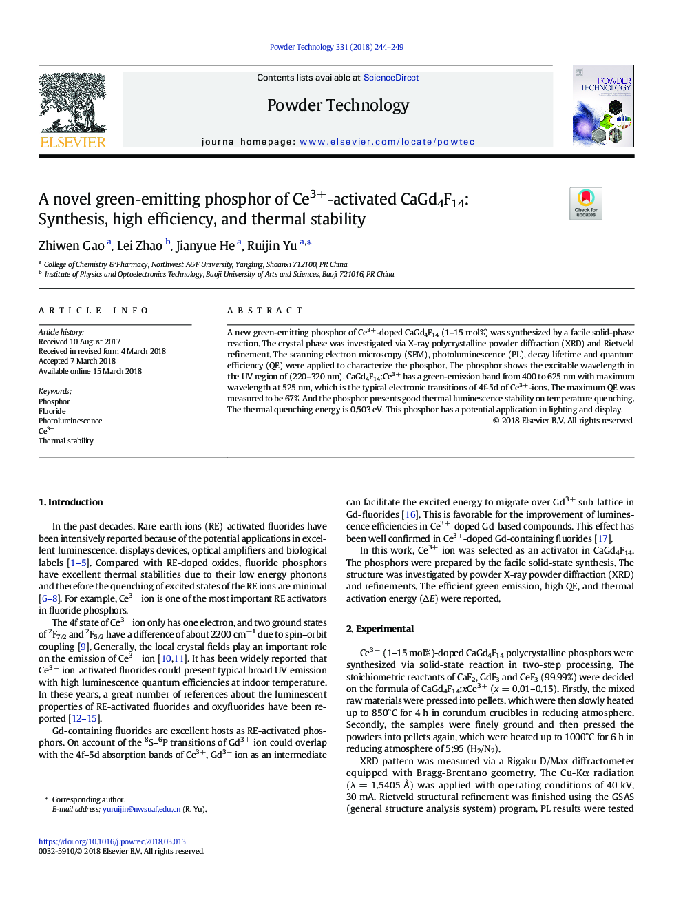 A novel green-emitting phosphor of Ce3+-activated CaGd4F14: Synthesis, high efficiency, and thermal stability