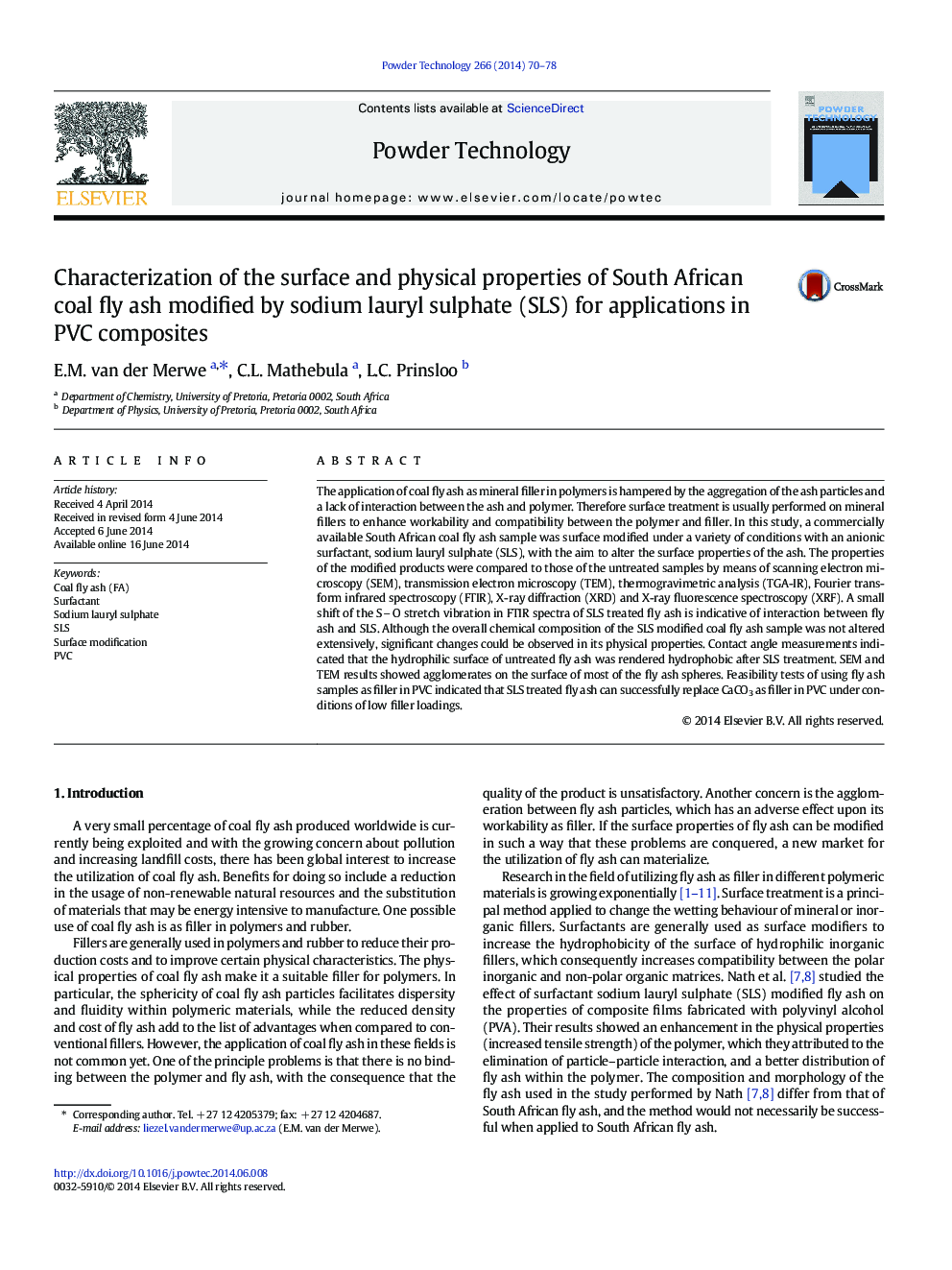 Characterization of the surface and physical properties of South African coal fly ash modified by sodium lauryl sulphate (SLS) for applications in PVC composites