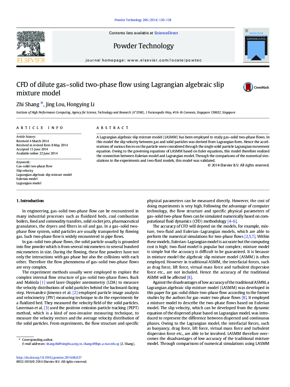 CFD of dilute gas-solid two-phase flow using Lagrangian algebraic slip mixture model