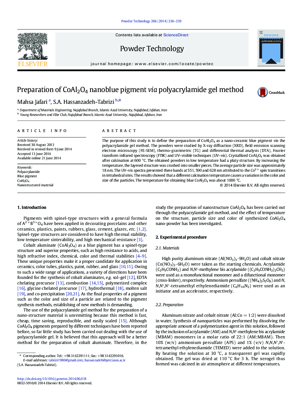 Preparation of CoAl2O4 nanoblue pigment via polyacrylamide gel method