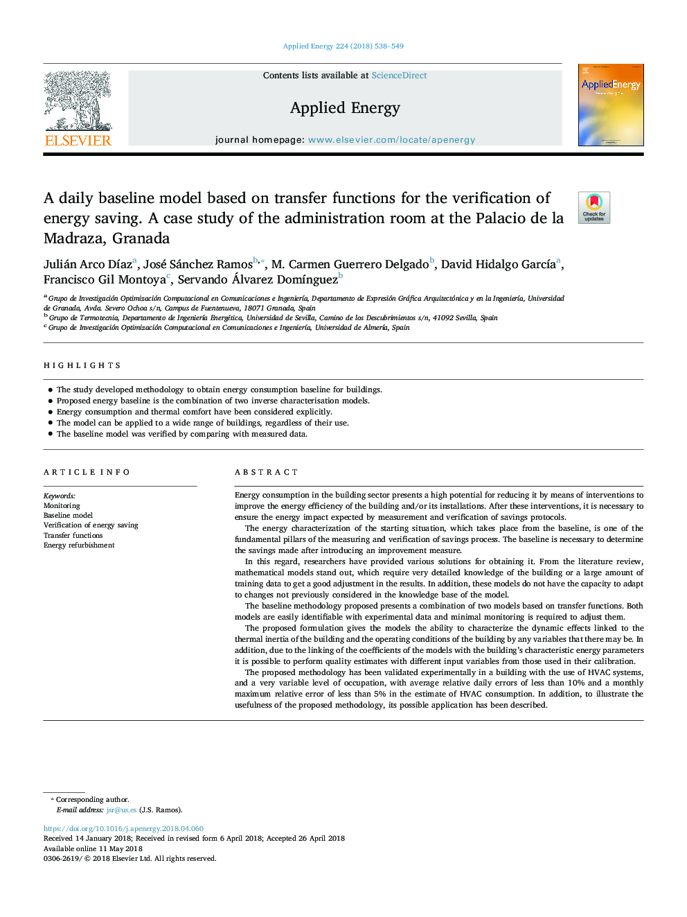 A daily baseline model based on transfer functions for the verification of energy saving. A case study of the administration room at the Palacio de la Madraza, Granada