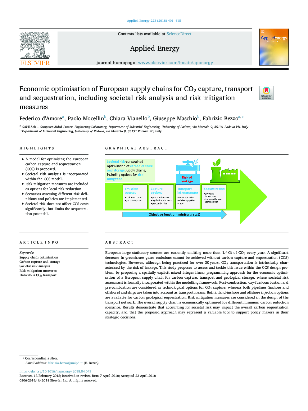 Economic optimisation of European supply chains for CO2 capture, transport and sequestration, including societal risk analysis and risk mitigation measures