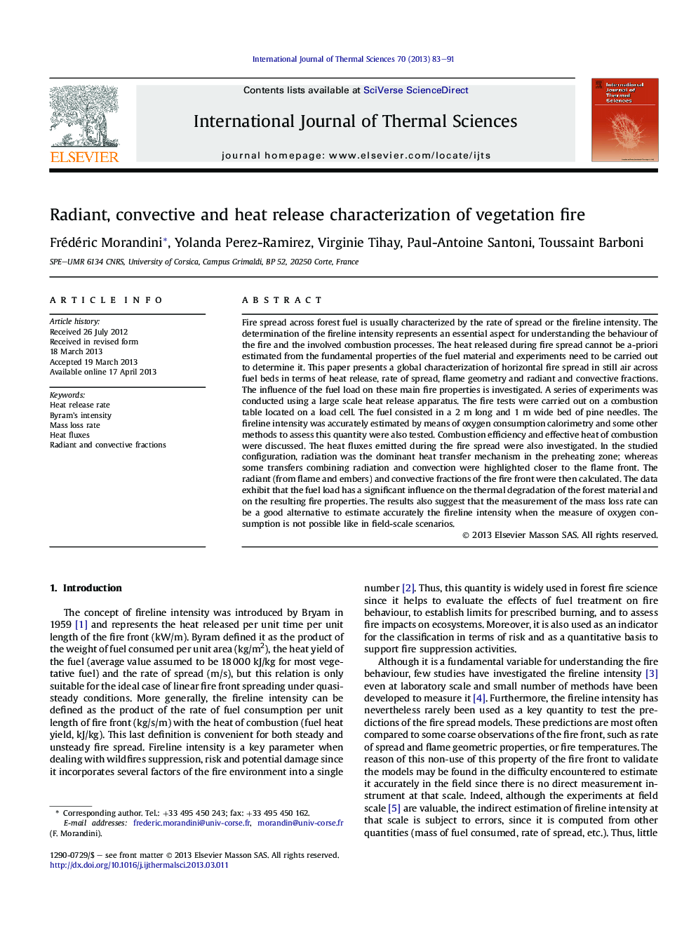 Radiant, convective and heat release characterization of vegetation fire