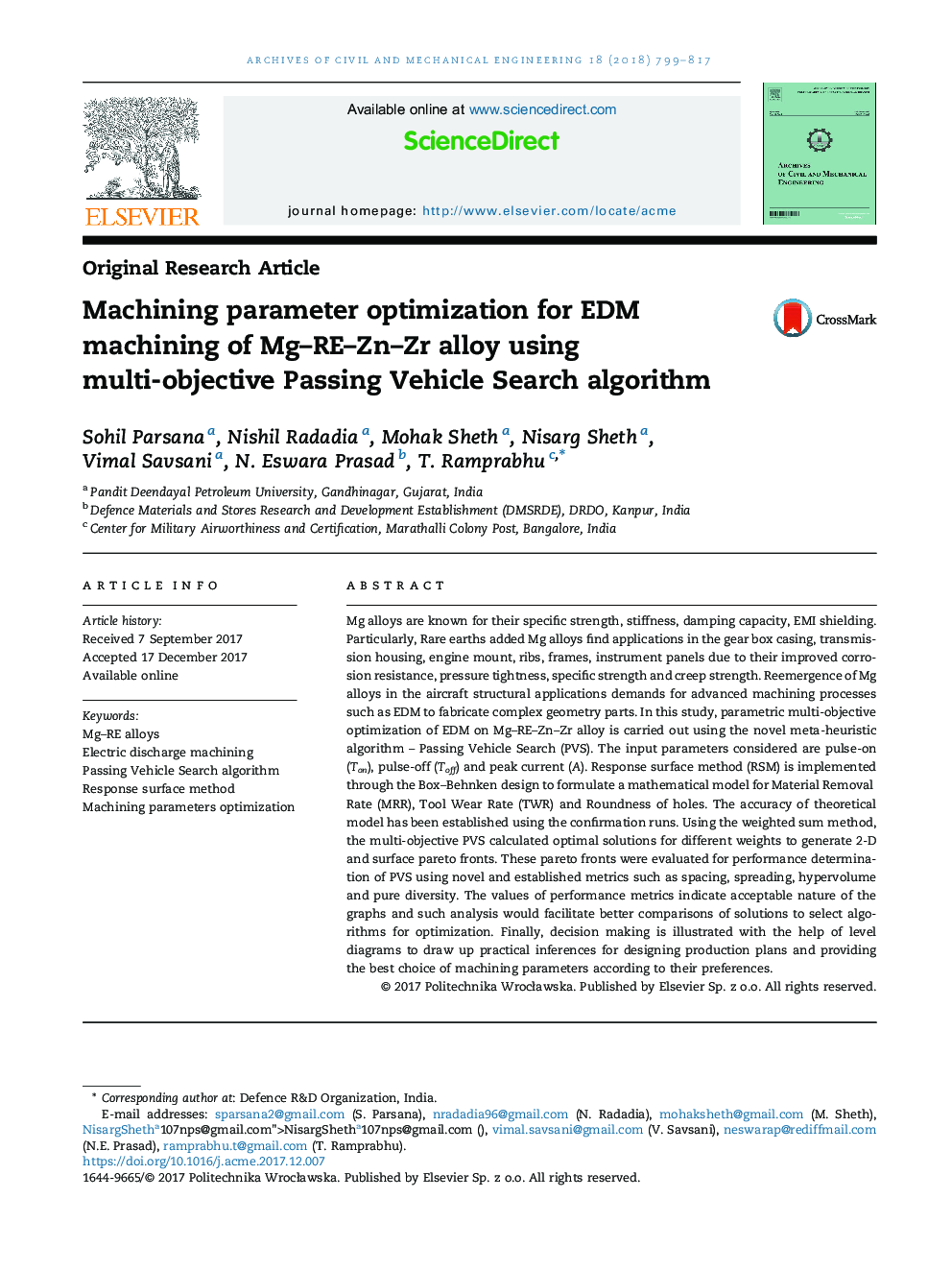 Machining parameter optimization for EDM machining of Mg-RE-Zn-Zr alloy using multi-objective Passing Vehicle Search algorithm
