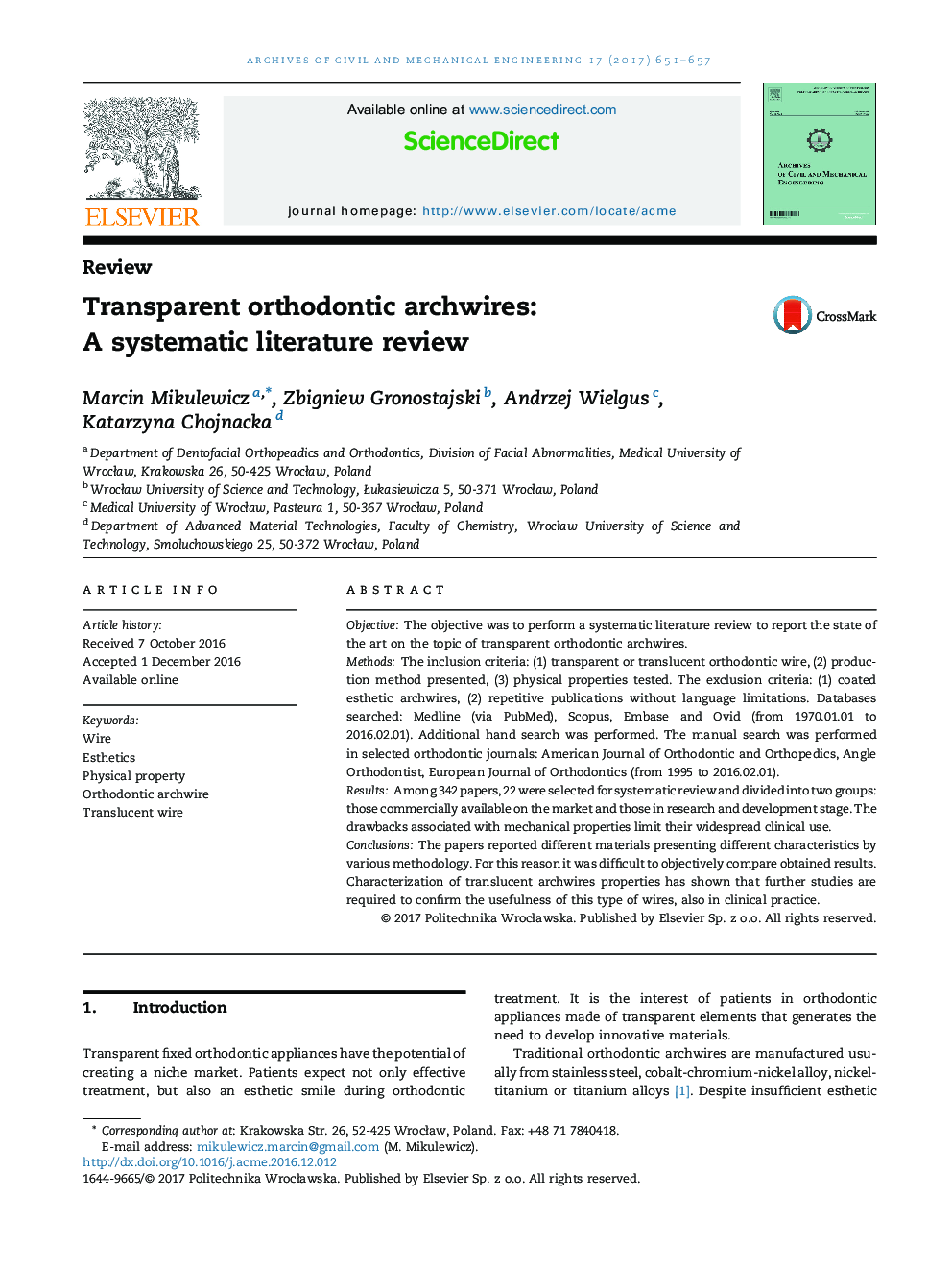 Transparent orthodontic archwires: A systematic literature review