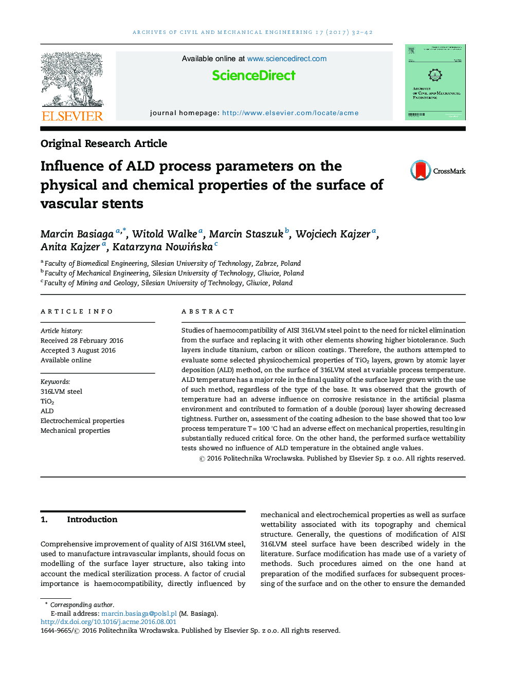 Influence of ALD process parameters on the physical and chemical properties of the surface of vascular stents