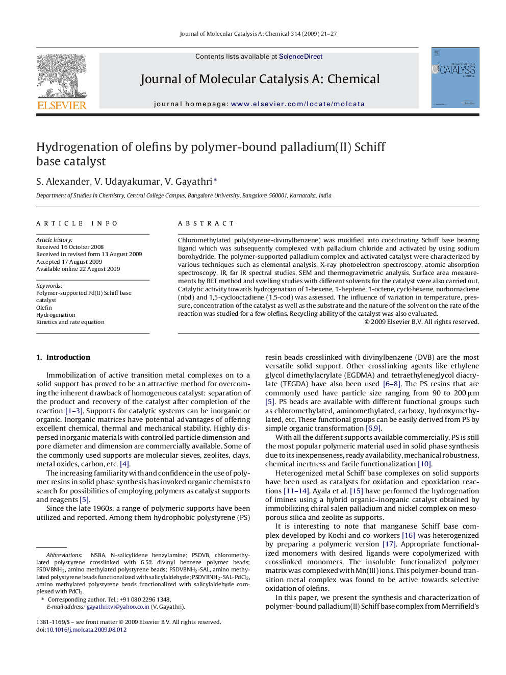 Hydrogenation of olefins by polymer-bound palladium(II) Schiff base catalyst