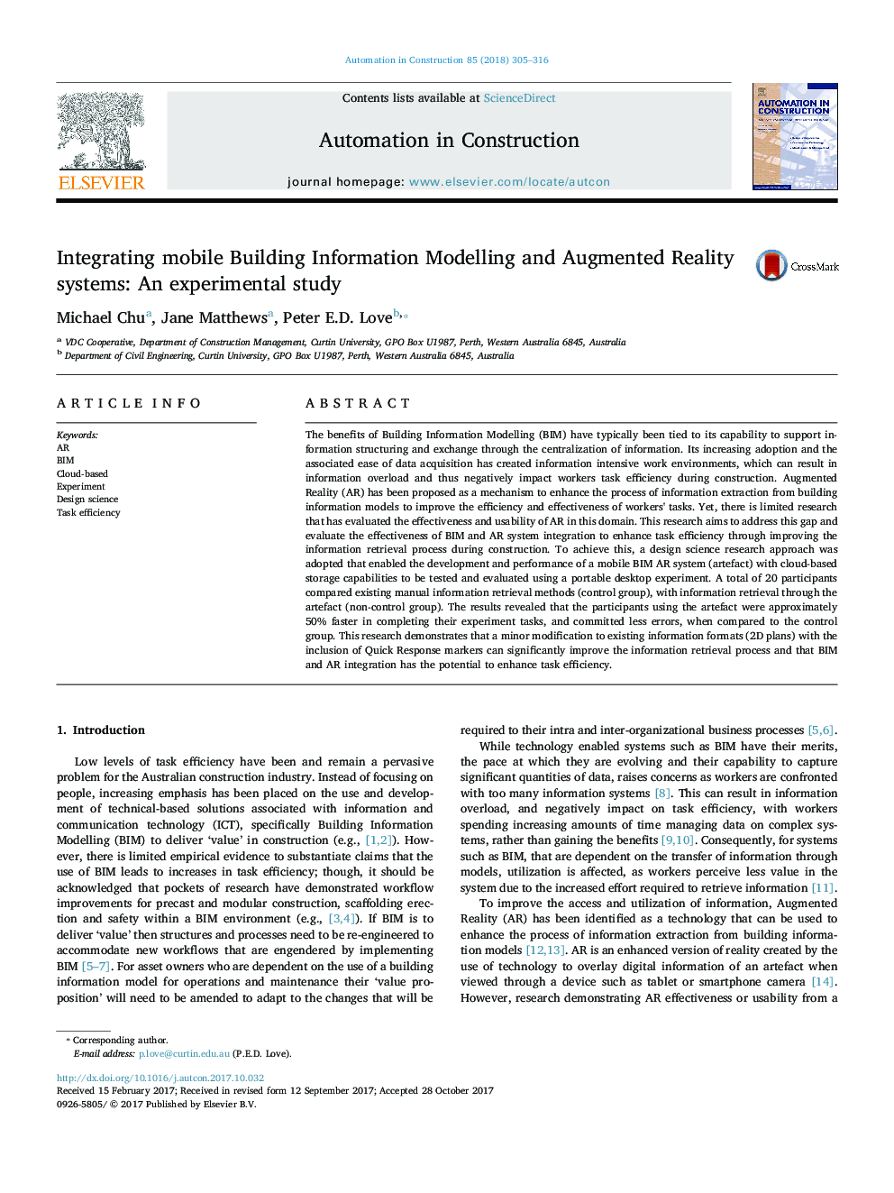 تلفیق مدل سازی اطلاعات ساختمان و سیستم های واقعیت افزوده: یک مطالعه تجربی 