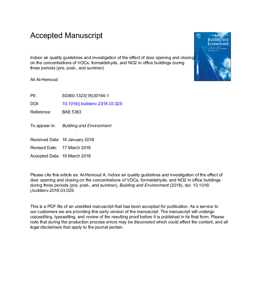 Streamlining IAQ guidelines and investigating the effect of door opening/closing on concentrations of VOCs, formaldehyde, and NO2 in office buildings