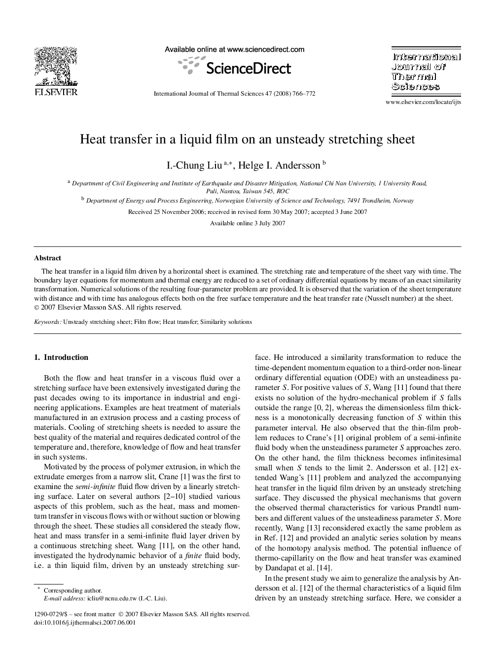 Heat transfer in a liquid film on an unsteady stretching sheet