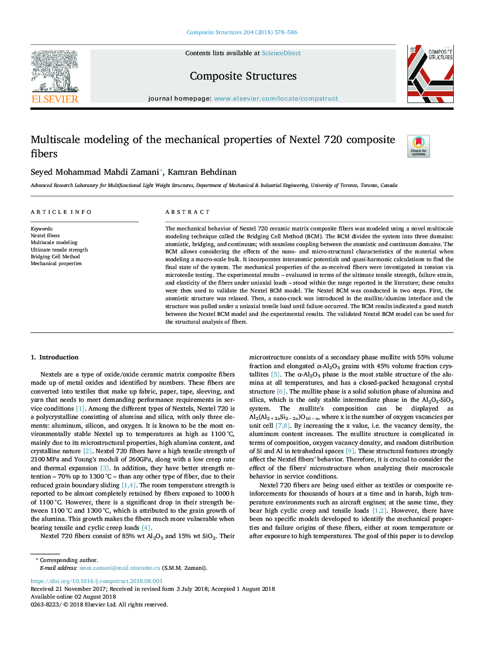 Multiscale modeling of the mechanical properties of Nextel 720 composite fibers