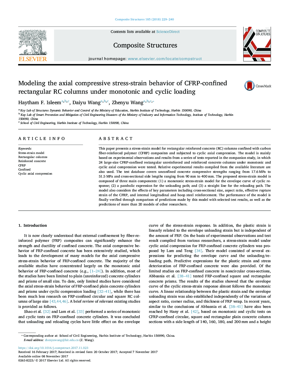 Modeling the axial compressive stress-strain behavior of CFRP-confined rectangular RC columns under monotonic and cyclic loading