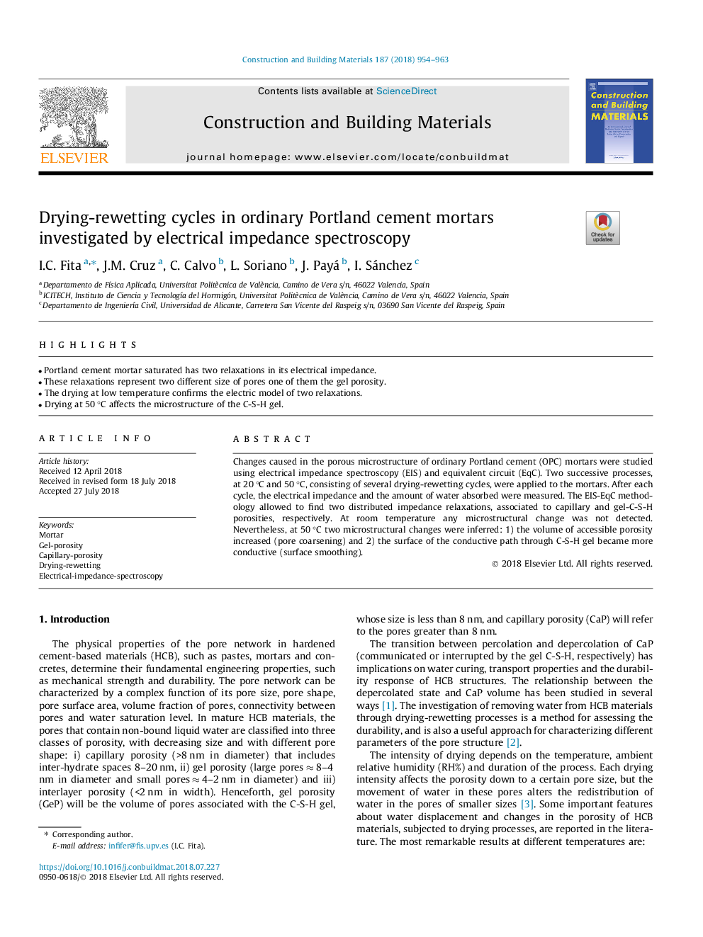 چرخه های خشک شدن و بازسازی در ملات سیمان پرتلند معمولی توسط طیف سنجی امپدانس الکتریکی بررسی شده است 
