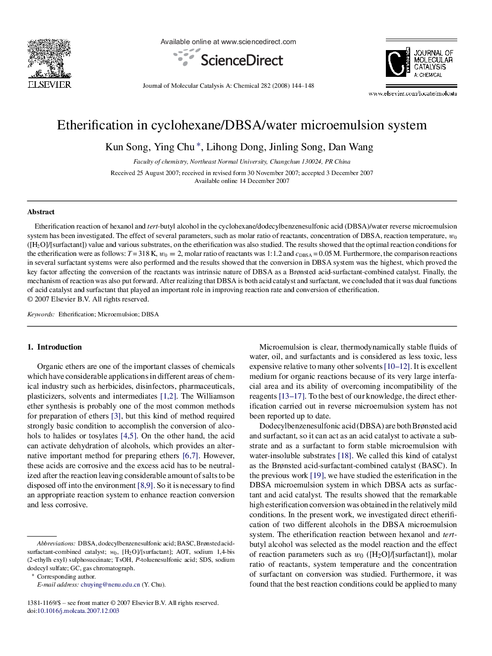 Etherification in cyclohexane/DBSA/water microemulsion system