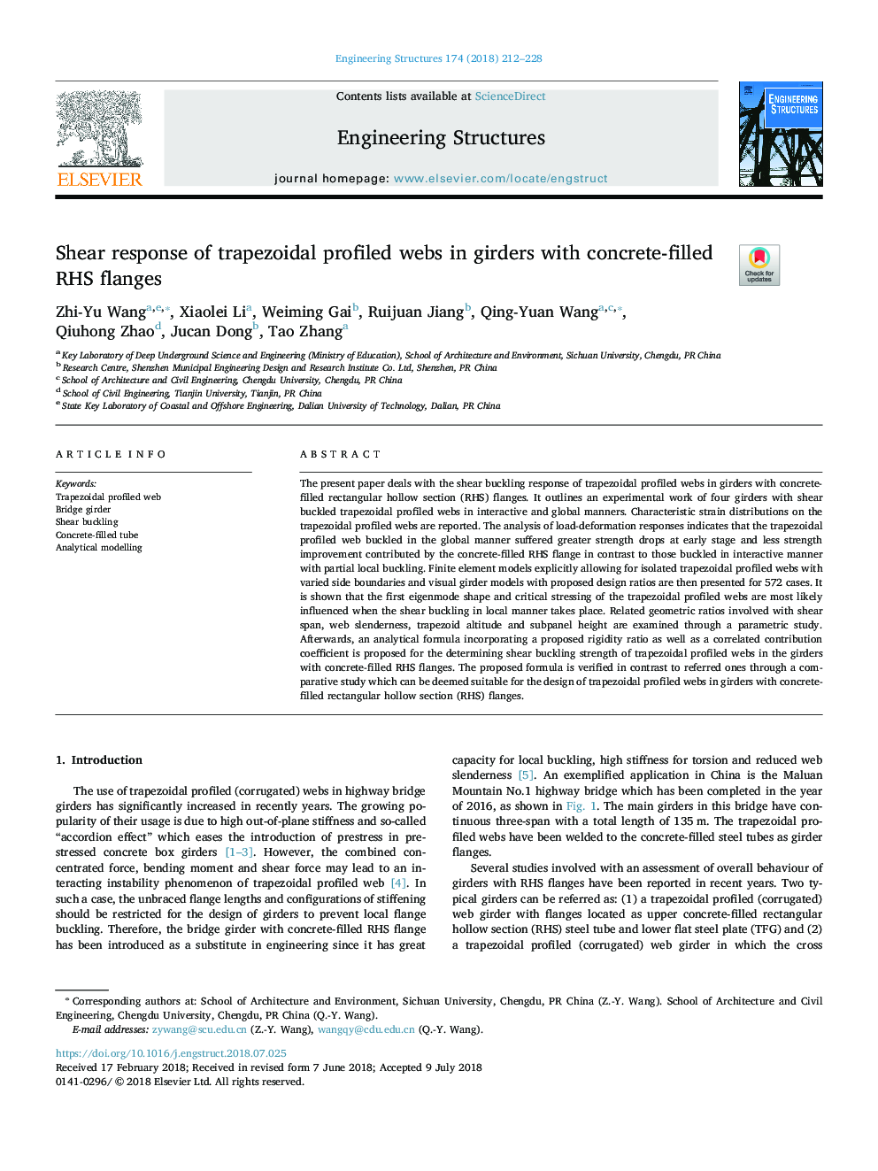 Shear response of trapezoidal profiled webs in girders with concrete-filled RHS flanges