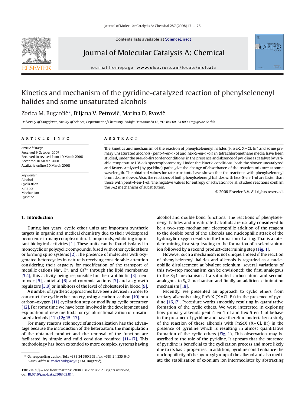 Kinetics and mechanism of the pyridine-catalyzed reaction of phenylselenenyl halides and some unsaturated alcohols