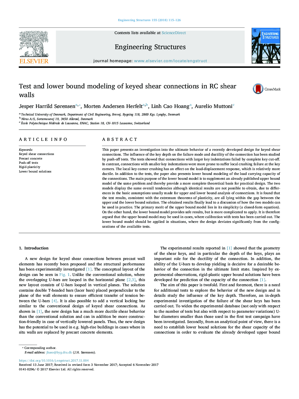 Test and lower bound modeling of keyed shear connections in RC shear walls