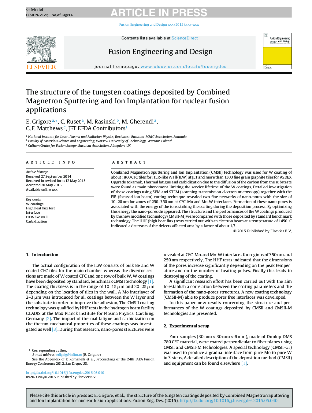 The structure of the tungsten coatings deposited by Combined Magnetron Sputtering and Ion Implantation for nuclear fusion applications
