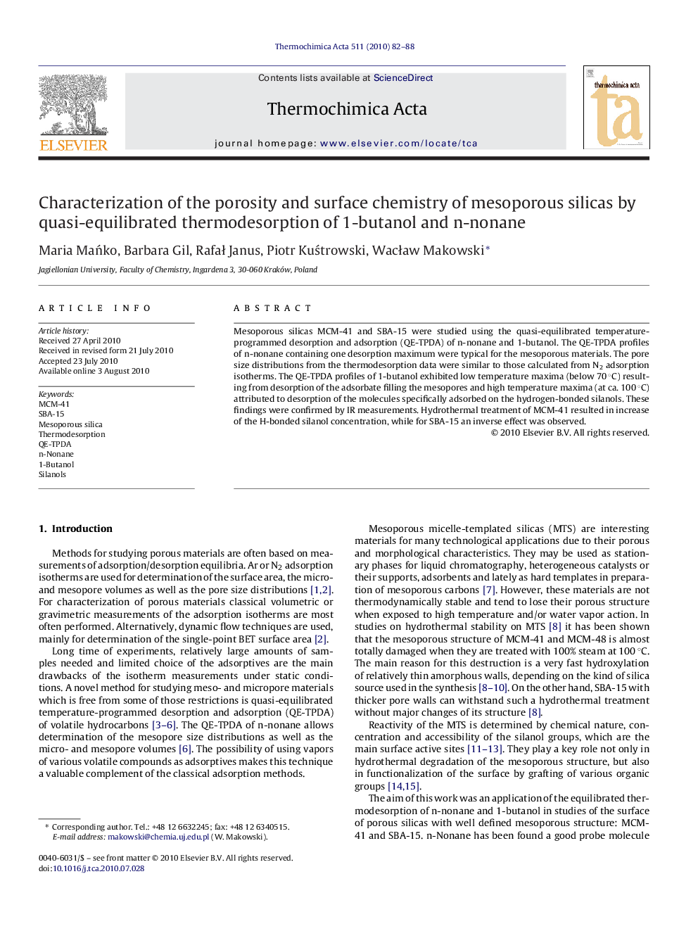 Characterization of the porosity and surface chemistry of mesoporous silicas by quasi-equilibrated thermodesorption of 1-butanol and n-nonane