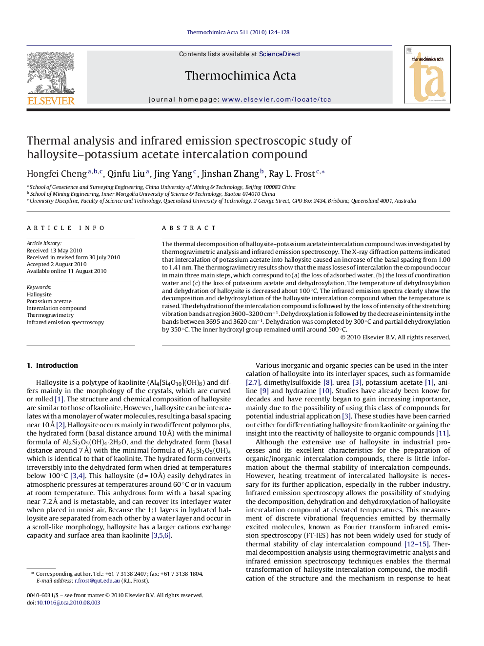 Thermal analysis and infrared emission spectroscopic study of halloysite-potassium acetate intercalation compound